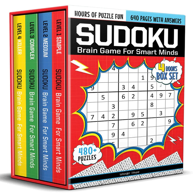Sudoku-Brain Games For Smart Minds Box Set of 4 Books : Brain Booster Puzzles for Kids,480+ Fun Game